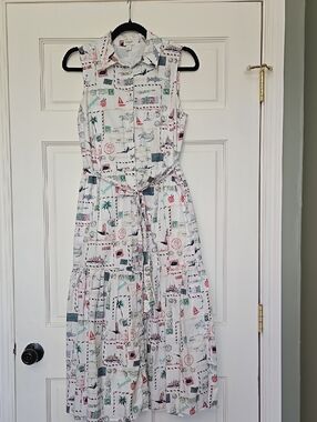 J. Crew White Sleeveless Printed Midi Shirt Dress with Tie Belt
